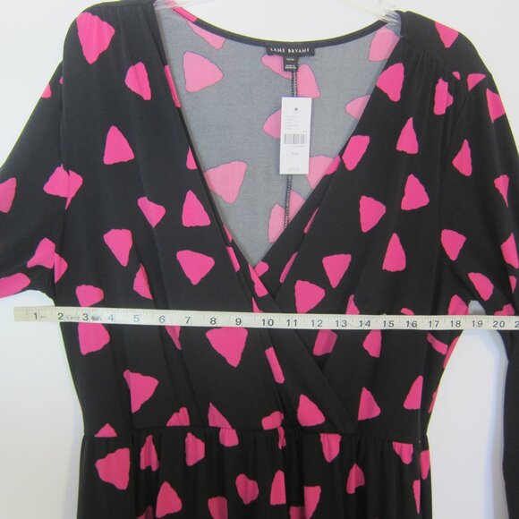 Lane Bryant Fit & Flare Dress 14/16 Black Pink Pockets V-neck Long Sleeves NEW - Picture 9 of 11